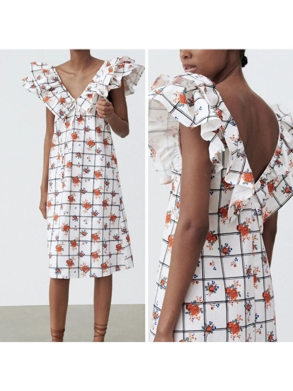Zara Floral Plaid V Neck Ruffle Shoulder Midi Dress New Size M